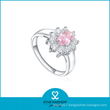 Latest Fashion Pink CZ Silver Ring for Wedding (R-0170)